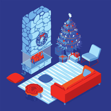 Colorful isometric Christmas illustration showing an interior with furniture, fireplace and Christmas decorations. Vector illustration in flat design. Holiday season picture in red, blue and white.
