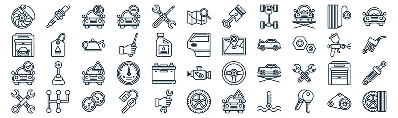 car garage thin line icon set such as pack of simple repair, screwdriver, warning, gearshift, car, oil, pressure icons for report, presentation, diagram, web design