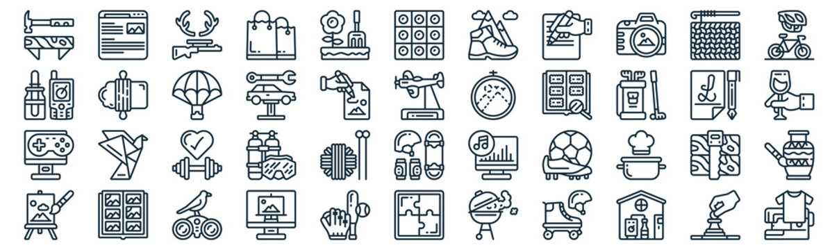 hobby thin line icon set such as pack of simple gardening, car repair, fitness, scrapbook, gaming, parachuting, crochet icons for report, presentation, diagram, web design