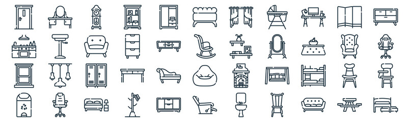 furnitures thin line icon set such as pack of simple wardrobe, drawer, school locker, office chair, window, sofa, room divider icons for report, presentation, diagram, web design