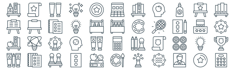 education thin line icon set such as pack of simple medal, idea, pawn, notebook, bookshelf, notebooks, blackboard icons for report, presentation, diagram, web design