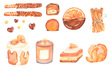 Set of winter desserts isolated on white. Festive elements for restaurant and cafe menu.Bakery And Pastry Confectionery For Winter. Arona candle. Orange and chocolate with cinnamon and anise