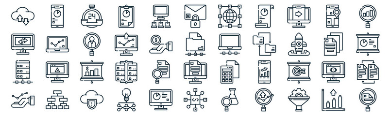 analytics thin line icon set such as pack of simple server, computer, analytics, hierarchical structure, data storage, search, icons for report, presentation, diagram, web design