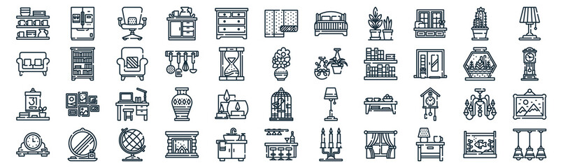 home decoration thin line icon set such as pack of simple drawer, kitchen, desk, mirror, calendar, armchair, cactus icons for report, presentation, diagram, web design