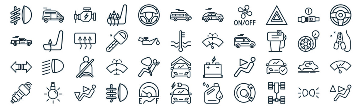 auto thin line icon set such as pack of simple stee wheel, car key, seat belt, light, , defrost, buckle icons for report, presentation, diagram, web design