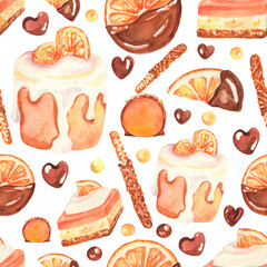 Watercolor seamless pattern.Set of different winter desserts. Festive elements for restaurant and cafe menu. Kids illustration. Sweet winter pattern. Design for wrapping papper, gifts and backgroungs.
