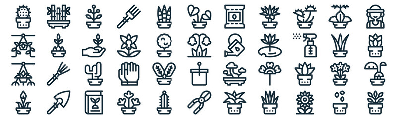 house plants thin line icon set such as pack of simple sansevieria trifasciata, orchid, cactus, shovel, plant, sprout, kalanchoe icons for report, presentation, diagram, web design © MacroOne