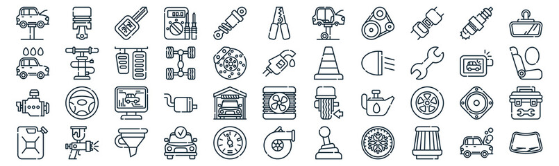 car repair thin line icon set such as pack of simple damper, chassis, diagtic, spray gun, motor, brake pedal, spark plug icons for report, presentation, diagram, web design