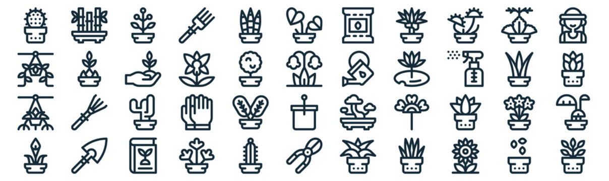 house plants thin line icon set such as pack of simple sansevieria trifasciata, orchid, cactus, shovel, plant, sprout, kalanchoe icons for report, presentation, diagram, web design
