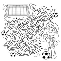 Maze or Labyrinth Game. Puzzle. Tangled road. Coloring Page Outline Of cartoon boy with soccer ball. Football. Sport activity. Coloring book for kids.
