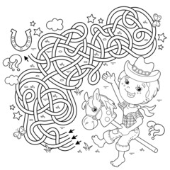 Maze or Labyrinth Game. Puzzle. Tangled road. Coloring Page Outline Of cartoon Boy playing cowboy with toy horse. Housework and cleaning, Coloring book for kids.