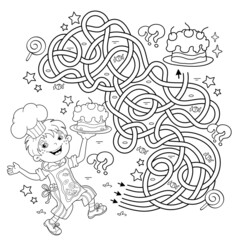Maze or Labyrinth Game. Puzzle. Tangled road. Coloring Page Outline Of cartoon fun boy chef with cake. Little cook or scullion. Profession. Coloring book for kids.