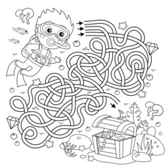 Maze or Labyrinth Game. Puzzle. Tangled road. Coloring Page Outline Of cartoon boy scuba diver with chest of treasure. Marine photography or shooting. Underwater world. Coloring book for kids.