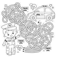 Maze or Labyrinth Game. Puzzle. Tangled road. Coloring Page Outline Of cartoon taxi driver with car. Profession - driver. Taxi. Coloring book for kids.