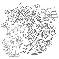 Maze or Labyrinth Game. Puzzle. Tangled road. Coloring Page Outline Of cartoon girl with toys. Coloring book for kids.