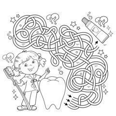Maze or Labyrinth Game. Puzzle. Tangled road. Coloring Page Outline Of cartoon girl with toothbrush and toothpaste. Coloring book for kids.