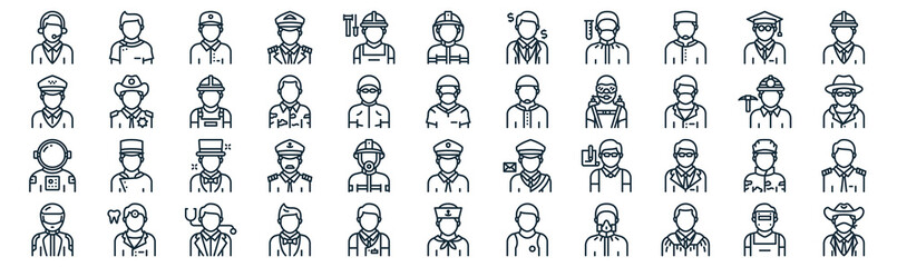 profession avatar thin line icon set such as pack of simple builder, soldier, magician, dentist, astronaut, construction worker, scholar icons for report, presentation, diagram, web design - obrazy, fototapety, plakaty