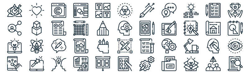 design thinking thin line icon set such as pack of simple layout, guide, feedback, laptop, laptop, advantages, checklist icons for report, presentation, diagram, web design