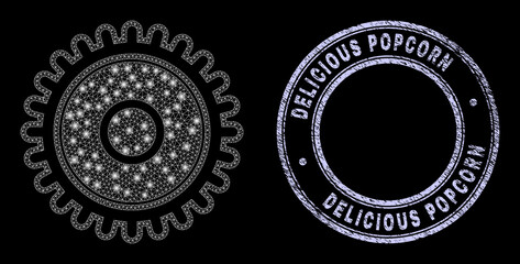 Light polygonal mesh web cog icon with glitter effect on a black background, and round Delicious Popcorn unclean seal. Vector constellation is based on cog icon, white colored mesh used.