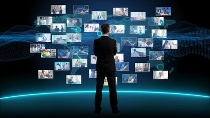 Businessman is standing in front of multi screen. Collage made of many different footages with business people working in office or outdoor. Technology, investment and teamwork concept. - Powered by Adobe