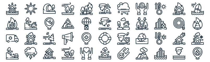 natural disaster thin line icon set such as pack of simple burning, nature, bad weather, bolt, ambulance, , fire icons for report, presentation, diagram, web design