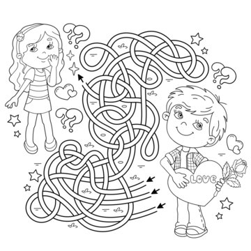 Maze or Labyrinth Game. Puzzle. Tangled road. Coloring Page Outline Of cartoon boy with heart and cute girl. Valentine's day. Coloring book for kids.