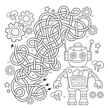 Maze or Labyrinth Game. Puzzle. Tangled road. Coloring Page Outline Of cartoon robot with gears. Coloring book for kids.