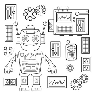 Coloring Page Outline Of cartoon robot for children. Vector. Set of mechanisms, gears and controllers. Coloring book for kids.