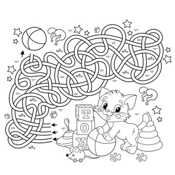 Maze or Labyrinth Game. Puzzle. Tangled road. Coloring Page Outline Of cartoon little cat with toys. Kitten. Coloring book for kids.