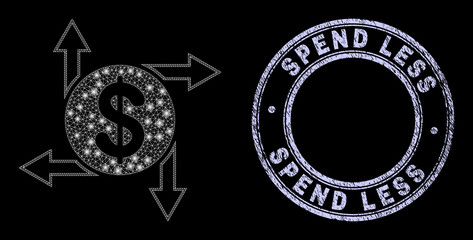Light polygonal mesh net dollar emission icon with glow effect on a black background with round Spend Less textured stamp seal. Vector carcass is generated from dollar emission icon,