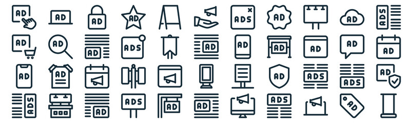 advertising thin line icon set such as pack of simple poster, ads, advertising, billboard, ads, ads, icons for report, presentation, diagram, web design