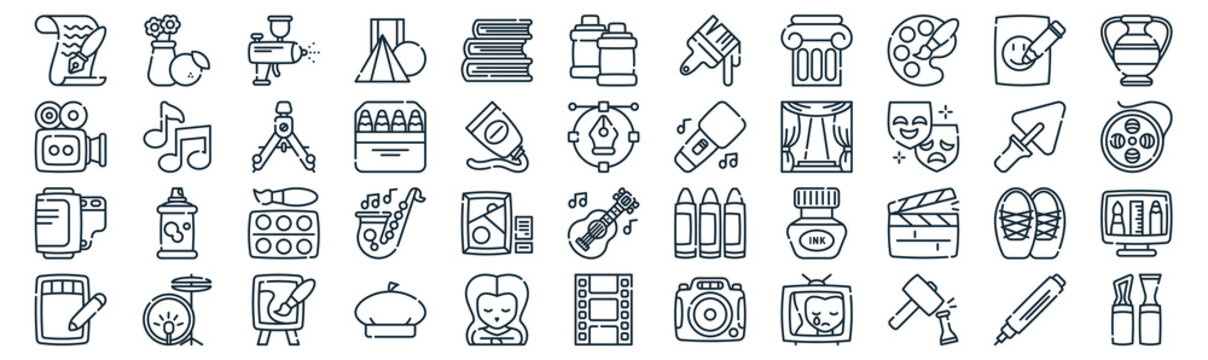 fine arts thin line icon set such as pack of simple books, pencils, watercolor, drum, film roll, compass, sketch icons for report, presentation, diagram, web design