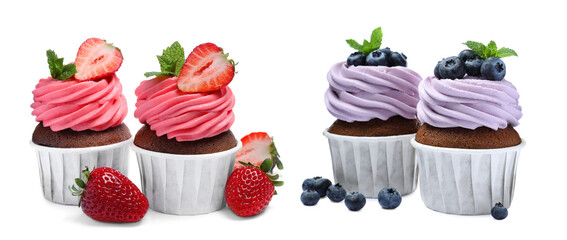 Set with delicious cupcakes on white background. Banner design