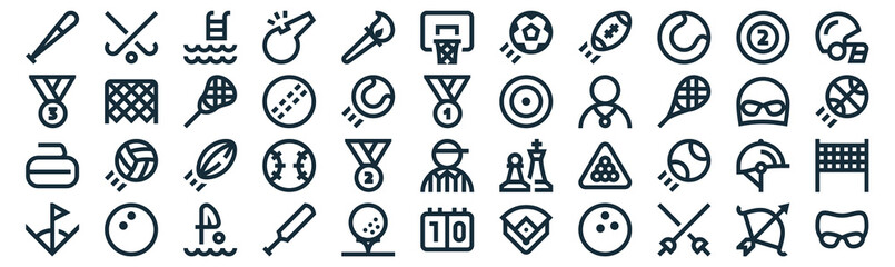 sports thin line icon set such as pack of simple torch, cricket, rugby, squash, curling, lacrosse, billiard ball icons for report, presentation, diagram, web design