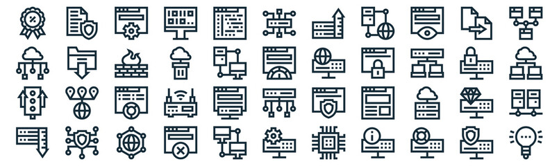 web hosting thin line icon set such as pack of simple application, cloud computing, pie chart, shield, traffic light, firewall, copy icons for report, presentation, diagram, web design
