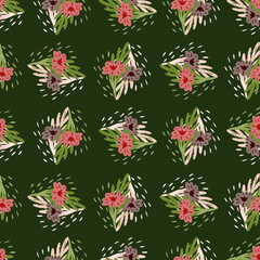 Seamless pattern with hand drawing wild flowers on green background. Vector floral template in doodle style. Gentle summer botanical texture.