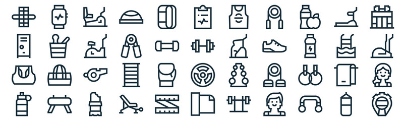 gym thin line icon set such as pack of simple bracelet, grippers, whistle, horse, gym top, stationary bike, treadmill icons for report, presentation, diagram, web design