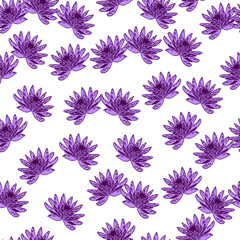 Seamless pattern with hand drawing lotus on white background. Vector purple floral template in doodle style. Gentle summer botanical texture.