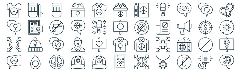 activist thin line icon set such as pack of simple tshirt, ecology, protest, water, waves, no weapons, conversation icons for report, presentation, diagram, web design