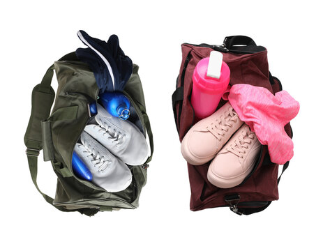Sports bag and gym stuff on white background, top view. Collage