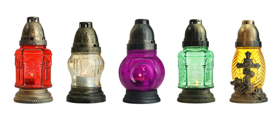 Set with different grave lights on white background. Banner design
