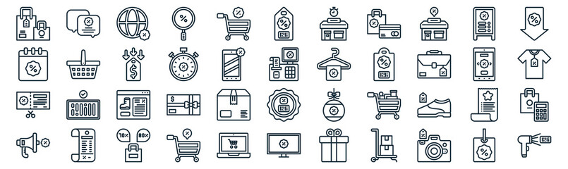 black friday thin line icon set such as pack of simple shopping cart, stopwatch, website, bill, coupon, price tag, sale icons for report, presentation, diagram, web design