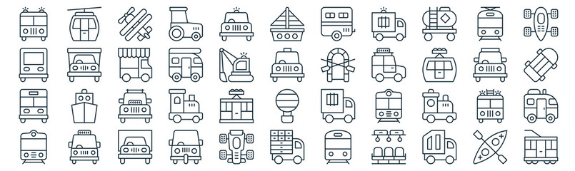 transport thin line icon set such as pack of simple police car, van, suv, van, bus, food truck, monorail icons for report, presentation, diagram, web design