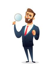 Bearded businessman character holds a magnifying glass and points finger at you