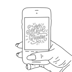 Selfie Queen lettering. Calligraphy fun design to print on tee, shirt, hoody, poster, sticker, card. Vector