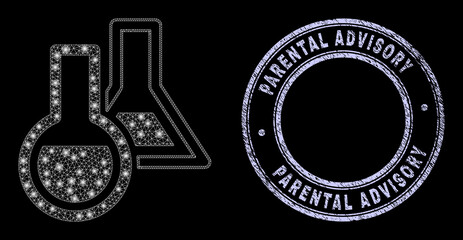Bright mesh net chemical glassware icon with glitter effect on a black background with round Parental Advisory dirty seal imitation. Vector carcass is based on chemical glassware icon,