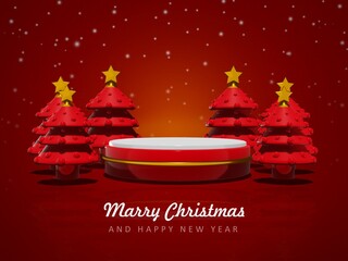 Merry christmas and happy new year with 3d empty podium and christmas ornaments background