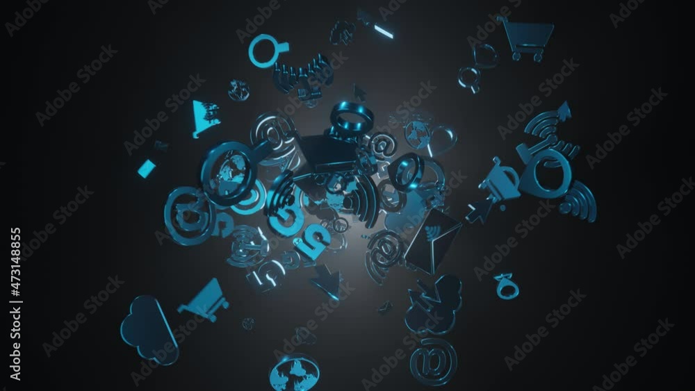 Poster blue metallic internet shiny icons flying in random motion on dark environment with volumetric back 