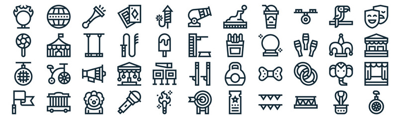 circus thin line icon set such as pack of simple firework, whip, megaphone, cage, disco ball, trapeze, parrot icons for report, presentation, diagram, web design