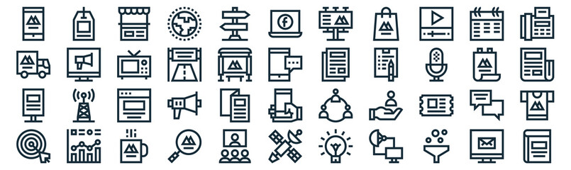advertising thin line icon set such as pack of simple panel, road banner, website, statistics, billboard, television, calendar icons for report, presentation, diagram, web design